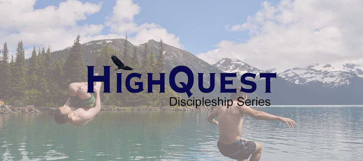 HighQuest Discipleship Series text on top of two men doing the cannon ball into a lake